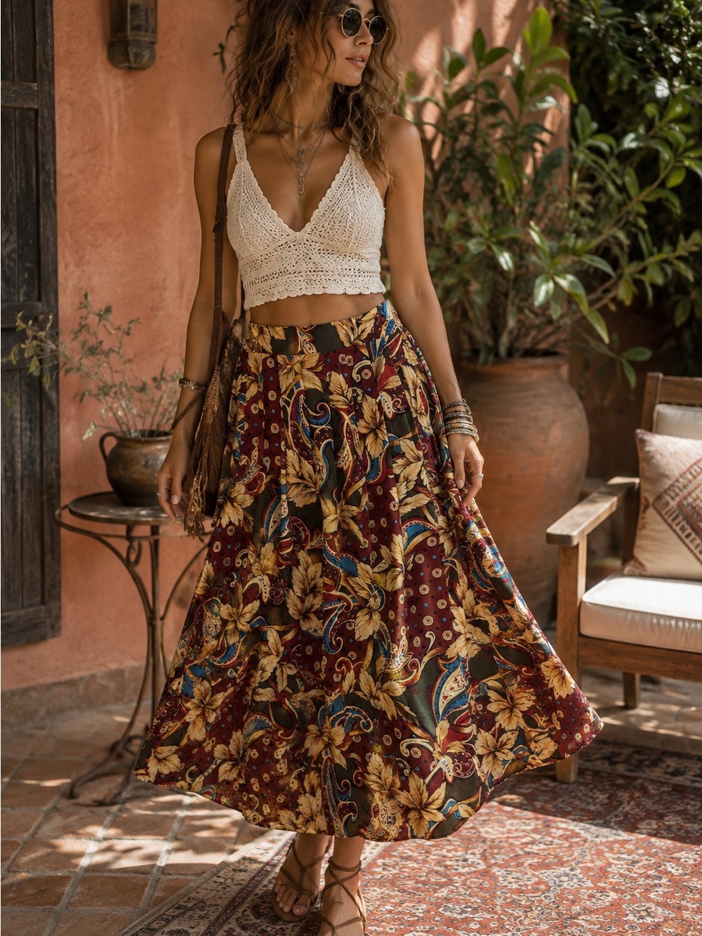 Vintage Y2K Boho Paisley Floral Maxi Skirt Fall Earthy Size S